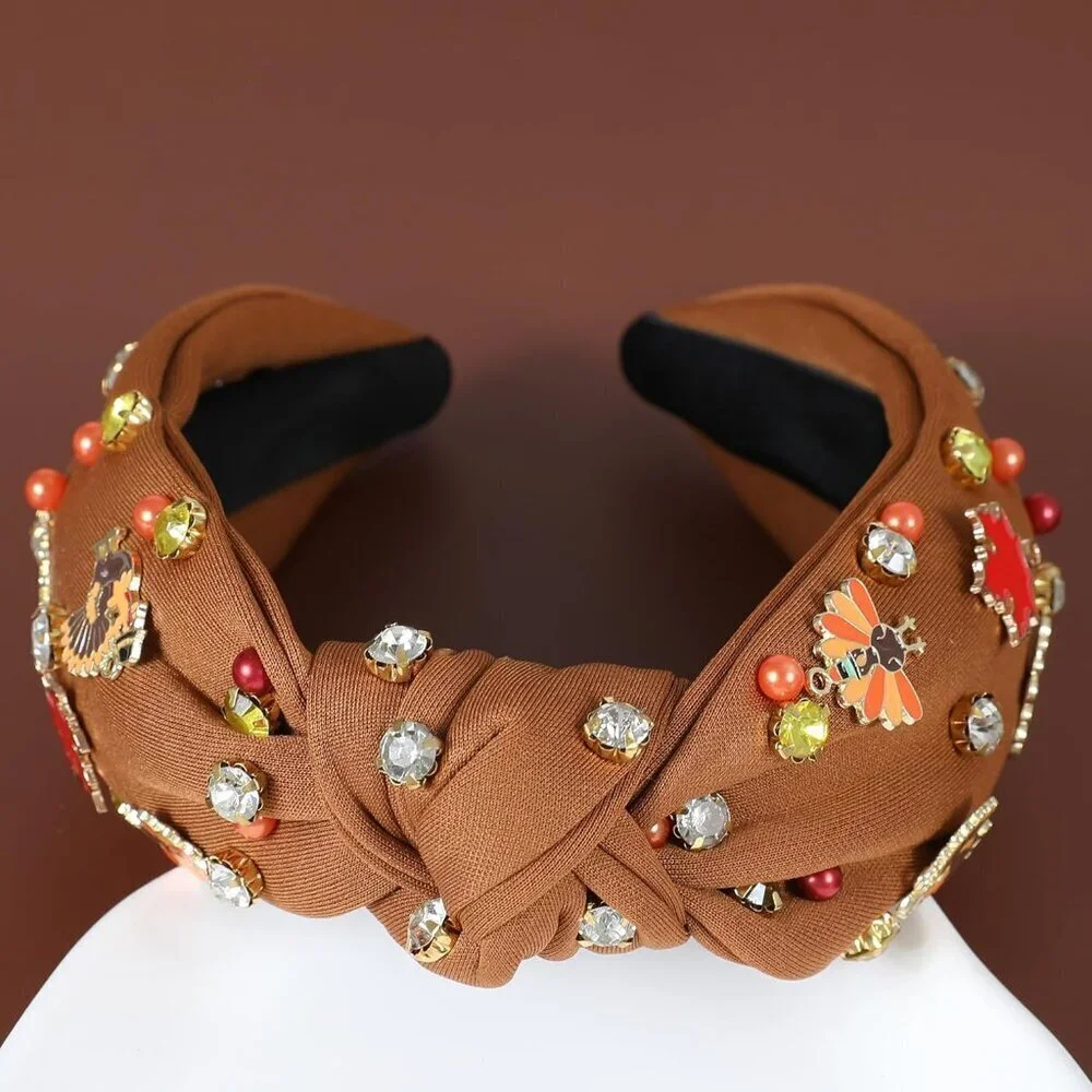 Thanksgiving Turkey Headband Women Fall Festive Rhinestone Beaded Hair Accessory